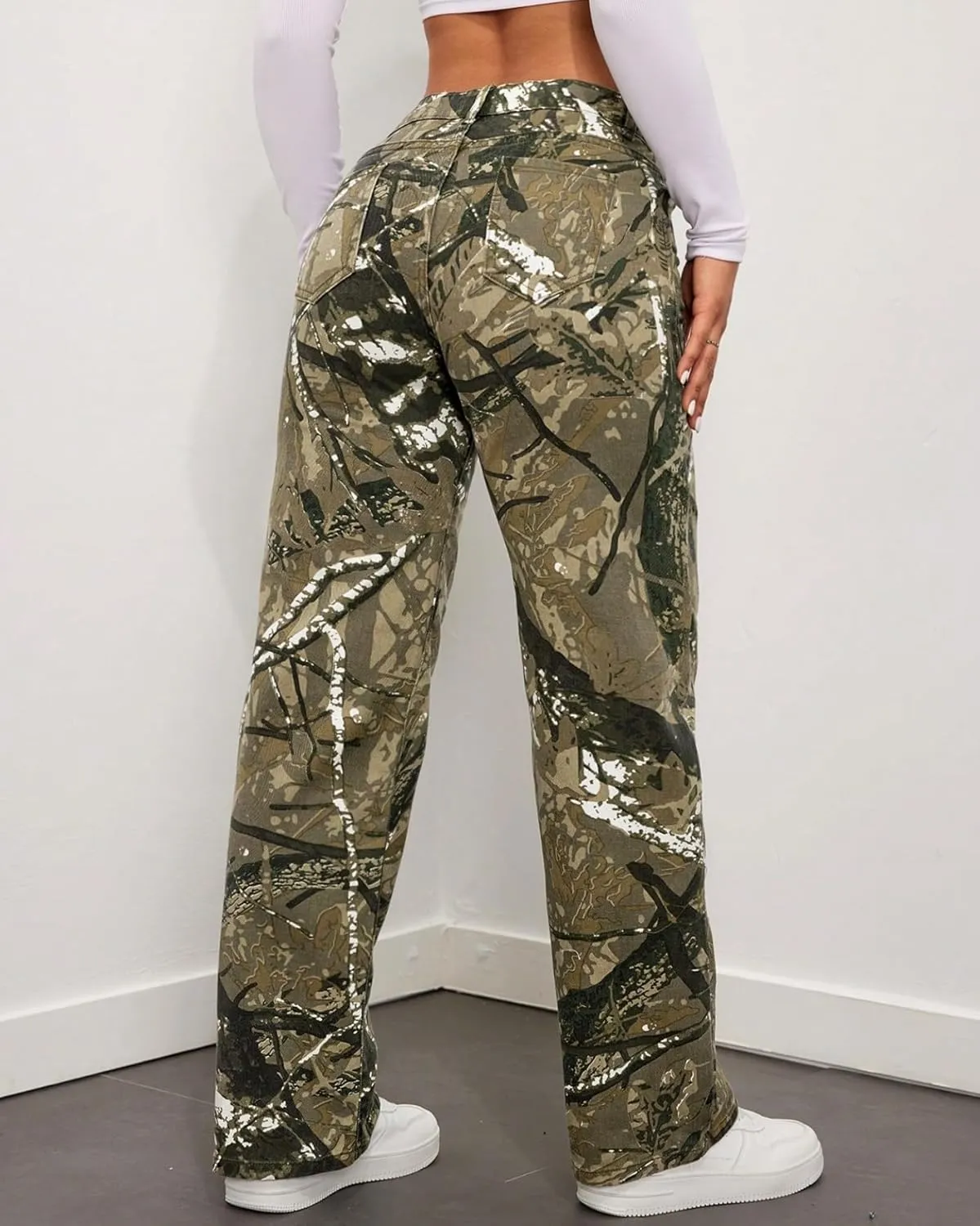 Women Camouflage Cargo Pants Low Waist Baggy Straight Wide Leg Trousers Jeans Slim Fit Pocket Sweatpants