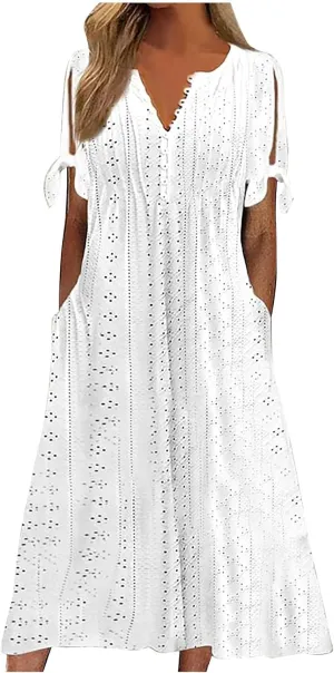 Women Casual Dress with Pocket, Summer Button V Neck Eyelet Midi Dresses Solid Short Sleeve Classy Long Dress