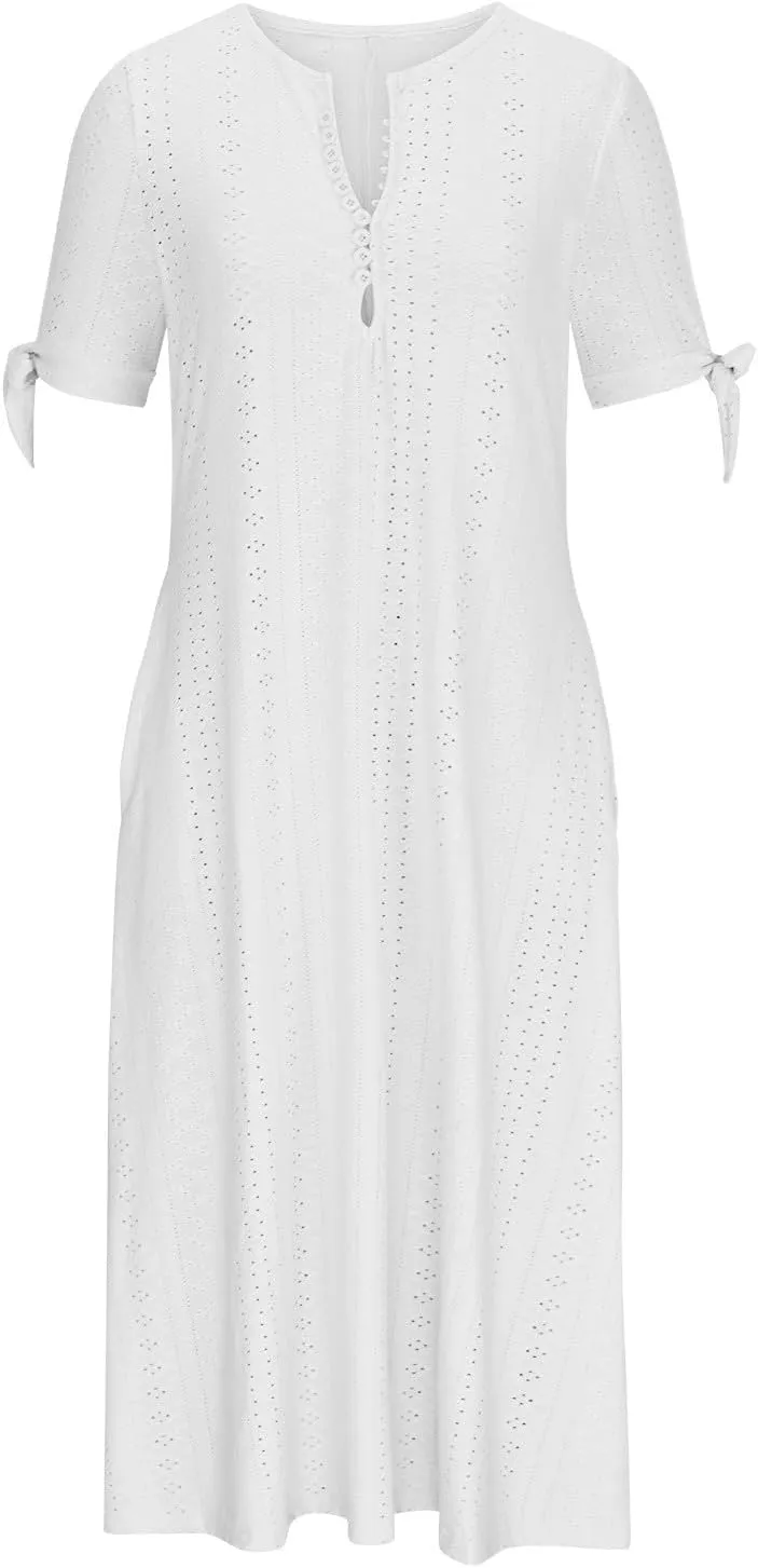 Women Casual Dress with Pocket, Summer Button V Neck Eyelet Midi Dresses Solid Short Sleeve Classy Long Dress