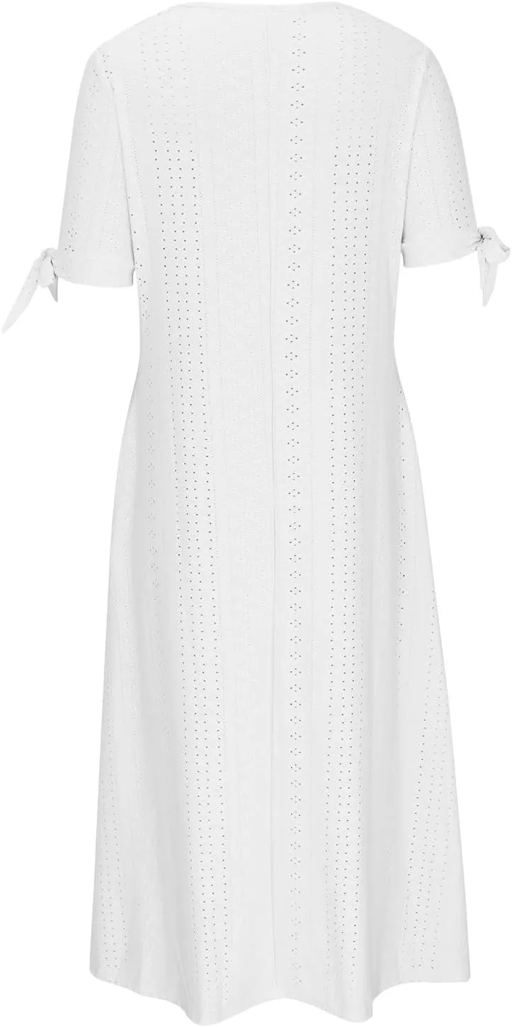 Women Casual Dress with Pocket, Summer Button V Neck Eyelet Midi Dresses Solid Short Sleeve Classy Long Dress