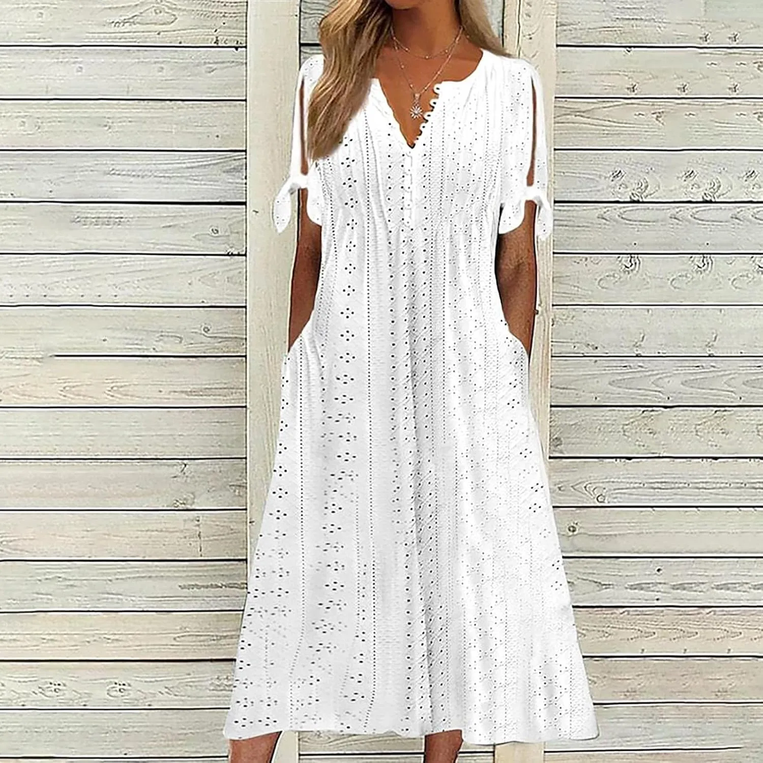 Women Casual Dress with Pocket, Summer Button V Neck Eyelet Midi Dresses Solid Short Sleeve Classy Long Dress