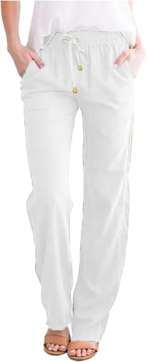 Women High Waist Straight Leg Pants Casual Elastic Waist Cotton Linen Wide Leg Pants Solid Summer Drawstring Trousers