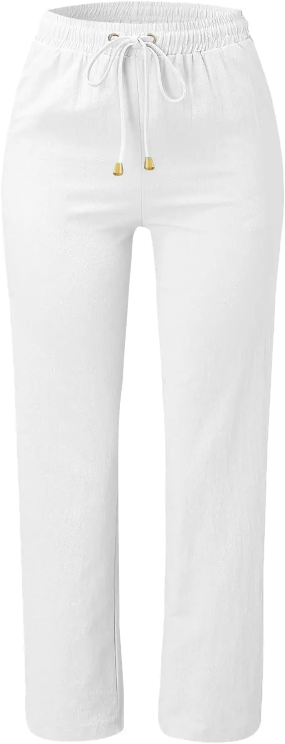 Women High Waist Straight Leg Pants Casual Elastic Waist Cotton Linen Wide Leg Pants Solid Summer Drawstring Trousers