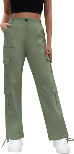 Women High Waisted Cargo Pants Y2K Trousers Wide Leg Casual Pants with 8 Pockets
