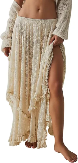 Women Lace Long Skirts Sexy See-Through Summer Elastic Asymmetrical Layered Hem Beach Floral Flowy Maxi Skirts