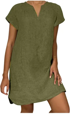 Women Linen Shirt Dresses Summer Bohemian Style Beach Sundress Fashion Solid Color Short Sleeves V-Neck Midi Dress