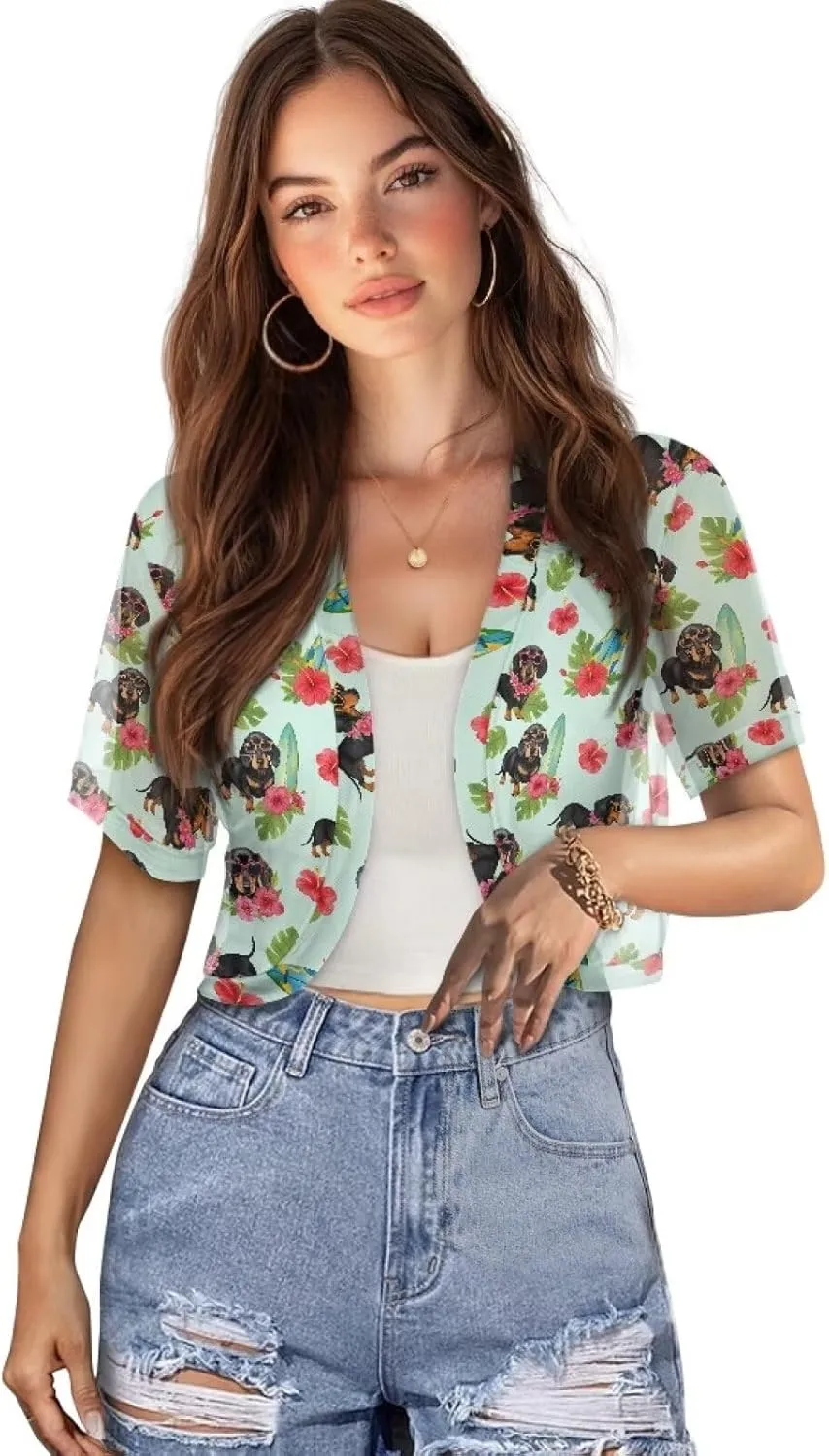 Women Open Front Mesh Bolero Shrugs Short Sleeve Cropped Chiffon Cardigan Lightweight Sheer Summer Jacket Tops