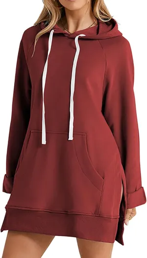 Women Oversized Casual Pullover Long Sleeve Split Hem Hoodie Dress Pullover With Kangaroo Pocket Sweatshirt Tops