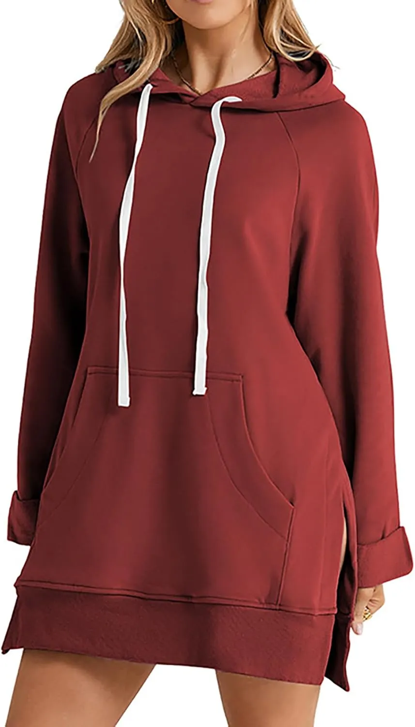 Women Oversized Casual Pullover Long Sleeve Split Hem Hoodie Dress Pullover With Kangaroo Pocket Sweatshirt Tops