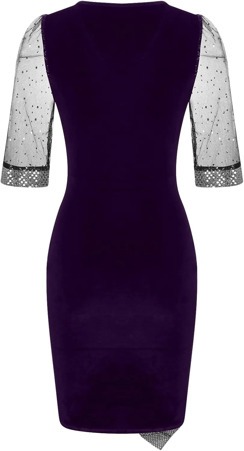 Women Sequin Mesh See Through 3/4 Sleeve Pencil Evening Dress Plus Size Wrap Glitter Velvet Patchwork Cocktail Gowns