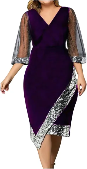 Women Sequin Mesh See Through 3/4 Sleeve Pencil Evening Dress Plus Size Wrap Glitter Velvet Patchwork Cocktail Gowns