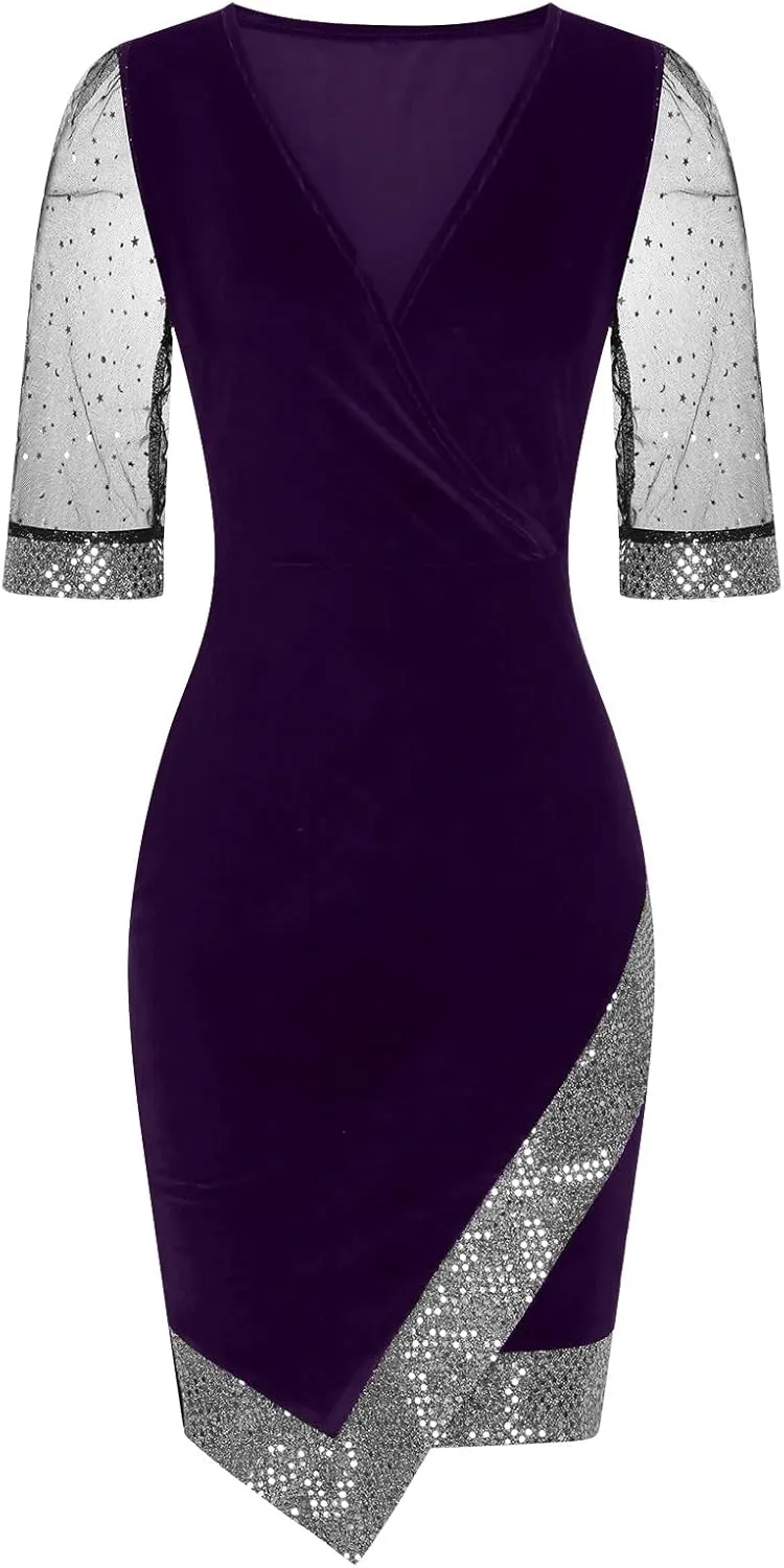 Women Sequin Mesh See Through 3/4 Sleeve Pencil Evening Dress Plus Size Wrap Glitter Velvet Patchwork Cocktail Gowns