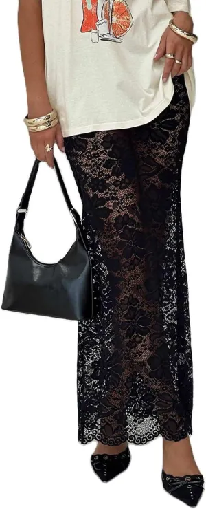 Women Sexy Lace Long Skirt Sheer Mesh Bodycon Maxi Skirts Elegant Summer Beach Coverups