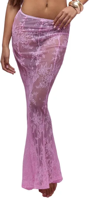 Women Sexy Lace Long Skirt Sheer Mesh Bodycon Maxi Skirts Elegant Summer Beach Coverups