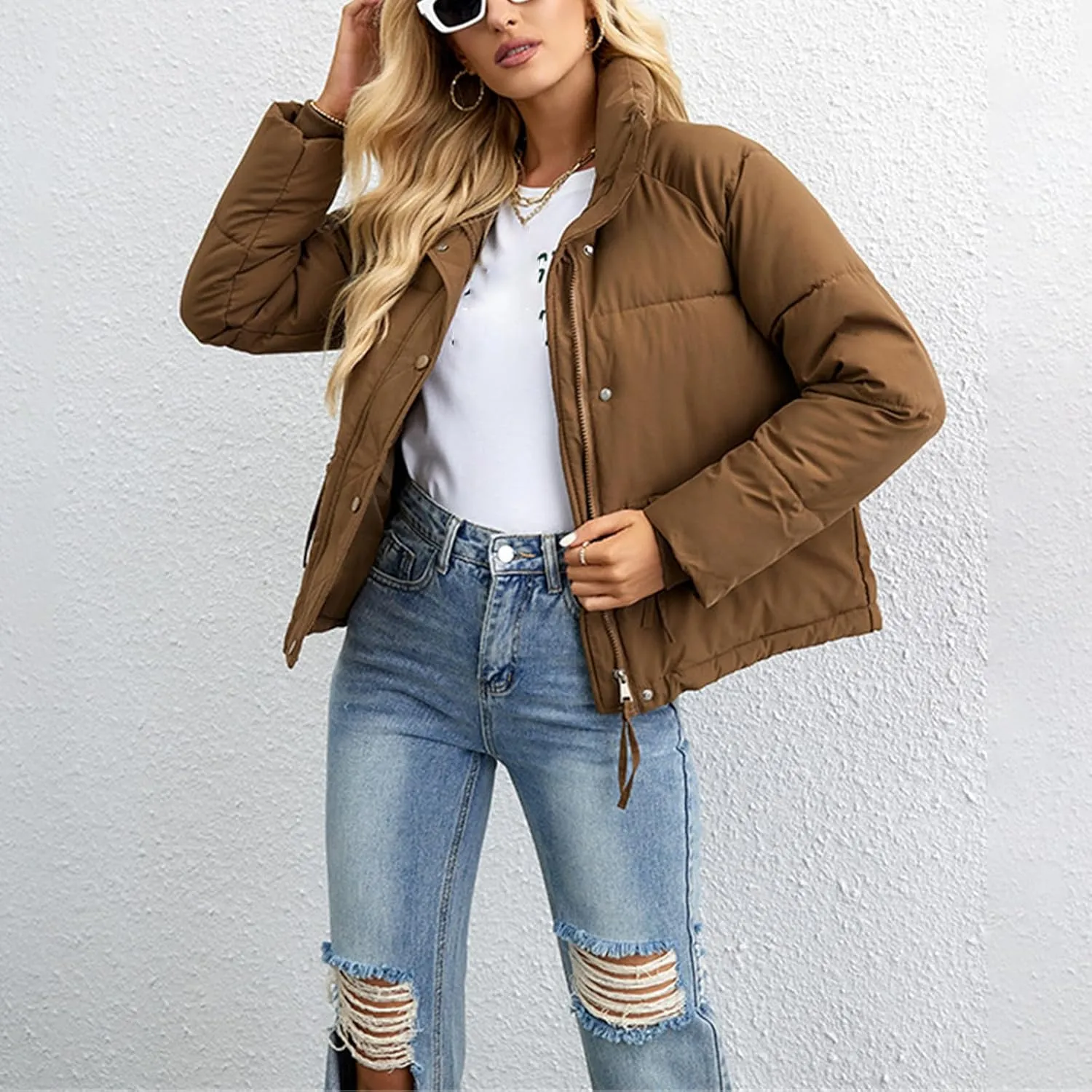 Women Short Winter Parkas Coat Korean Loose Standing Collar Cotton Padded Jacket Loose Zip Bread Coat Basic