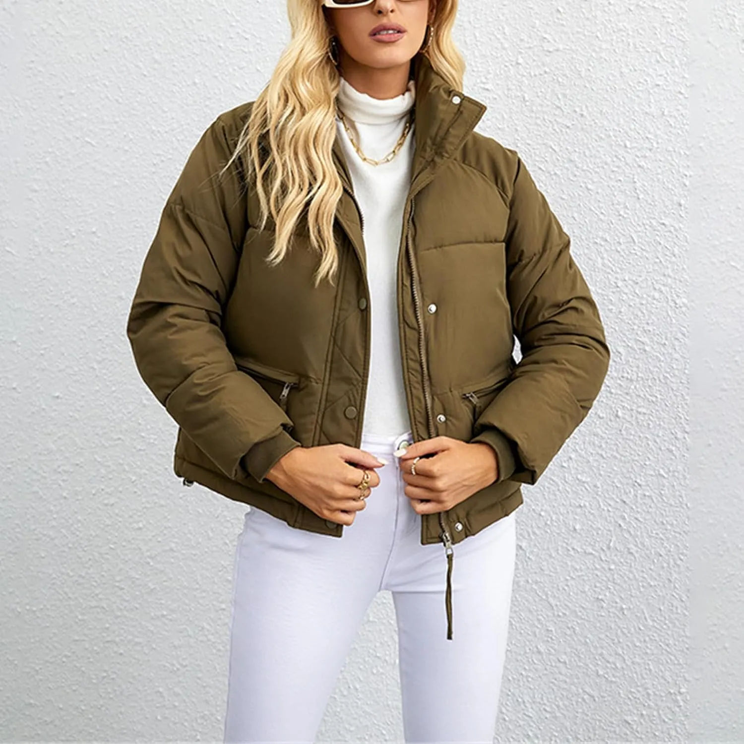 Women Short Winter Parkas Coat Korean Loose Standing Collar Cotton Padded Jacket Loose Zip Bread Coat Basic