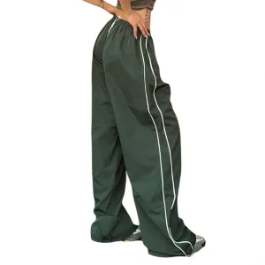 Women Side Striped Track Pants Wide Leg Baggy Sweatpants Parachute Pants Y2K Cargo Pants Joggers Trousers Streetwear