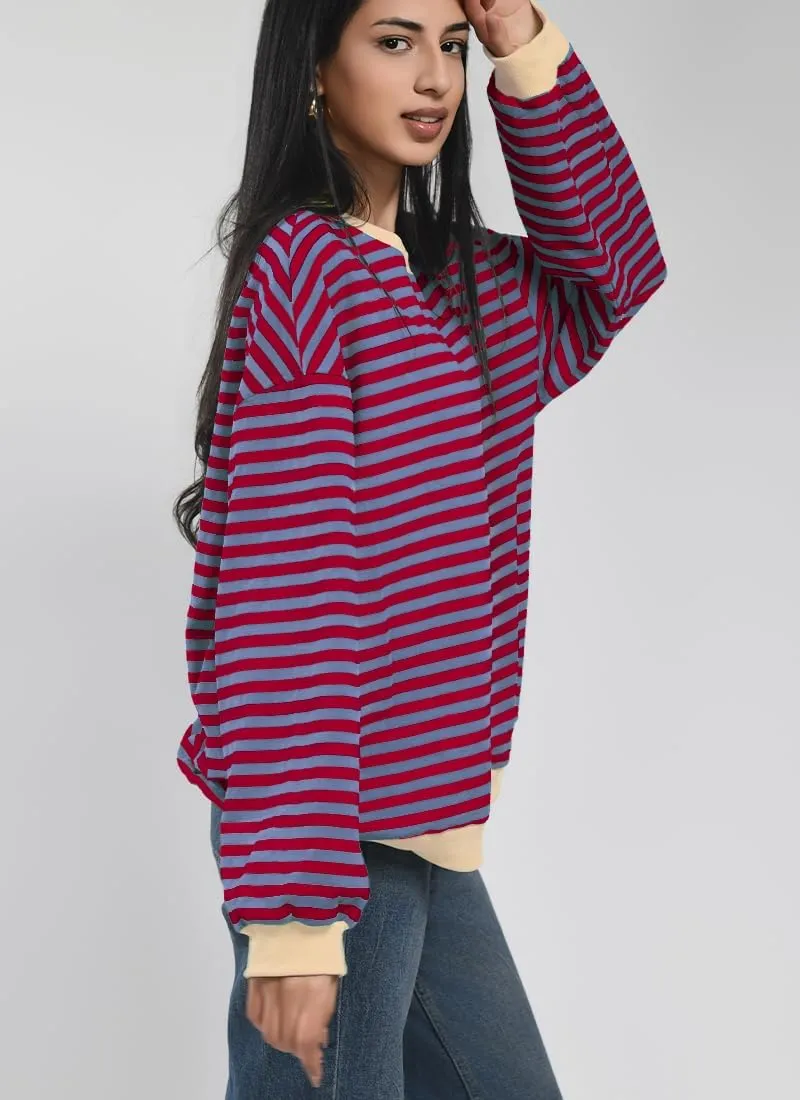 Women Striped Oversized Sweatshirt Color Block Long Sleeve Shirt Crew Neck Casual Loose Pullover Y2K Top