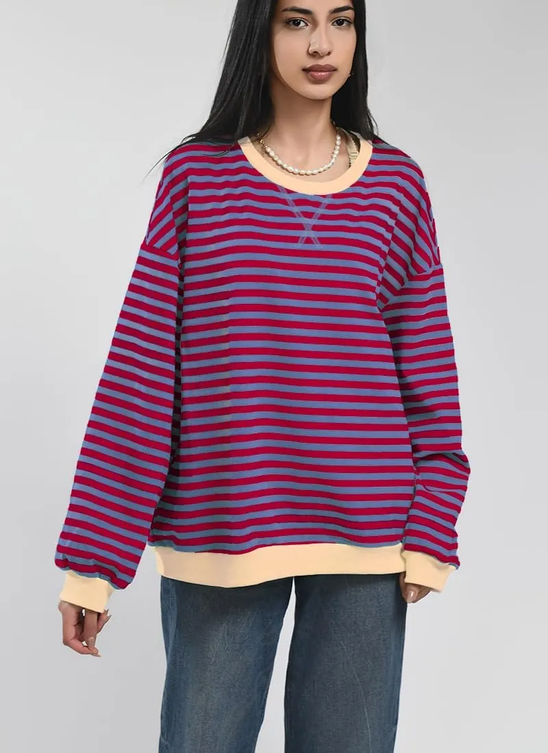Women Striped Oversized Sweatshirt Color Block Long Sleeve Shirt Crew Neck Casual Loose Pullover Y2K Top