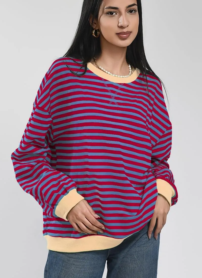 Women Striped Oversized Sweatshirt Color Block Long Sleeve Shirt Crew Neck Casual Loose Pullover Y2K Top