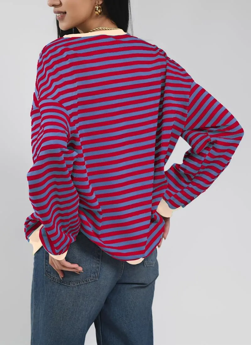 Women Striped Oversized Sweatshirt Color Block Long Sleeve Shirt Crew Neck Casual Loose Pullover Y2K Top