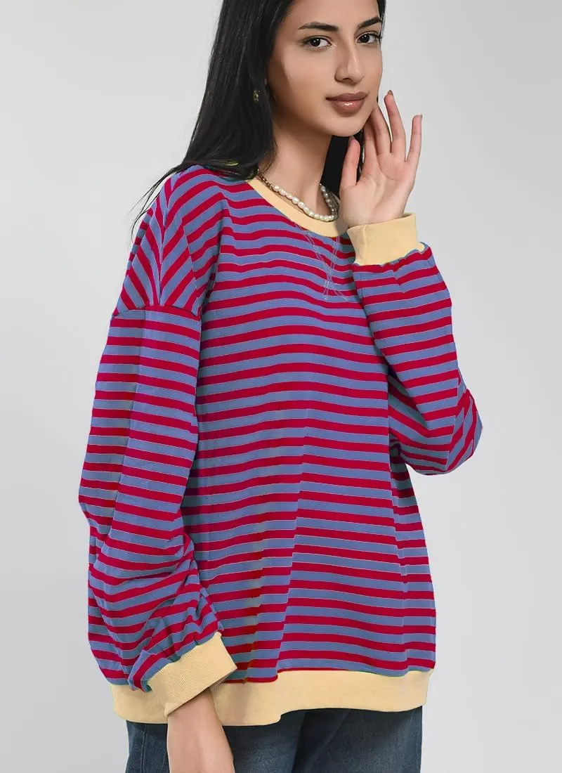 Women Striped Oversized Sweatshirt Color Block Long Sleeve Shirt Crew Neck Casual Loose Pullover Y2K Top