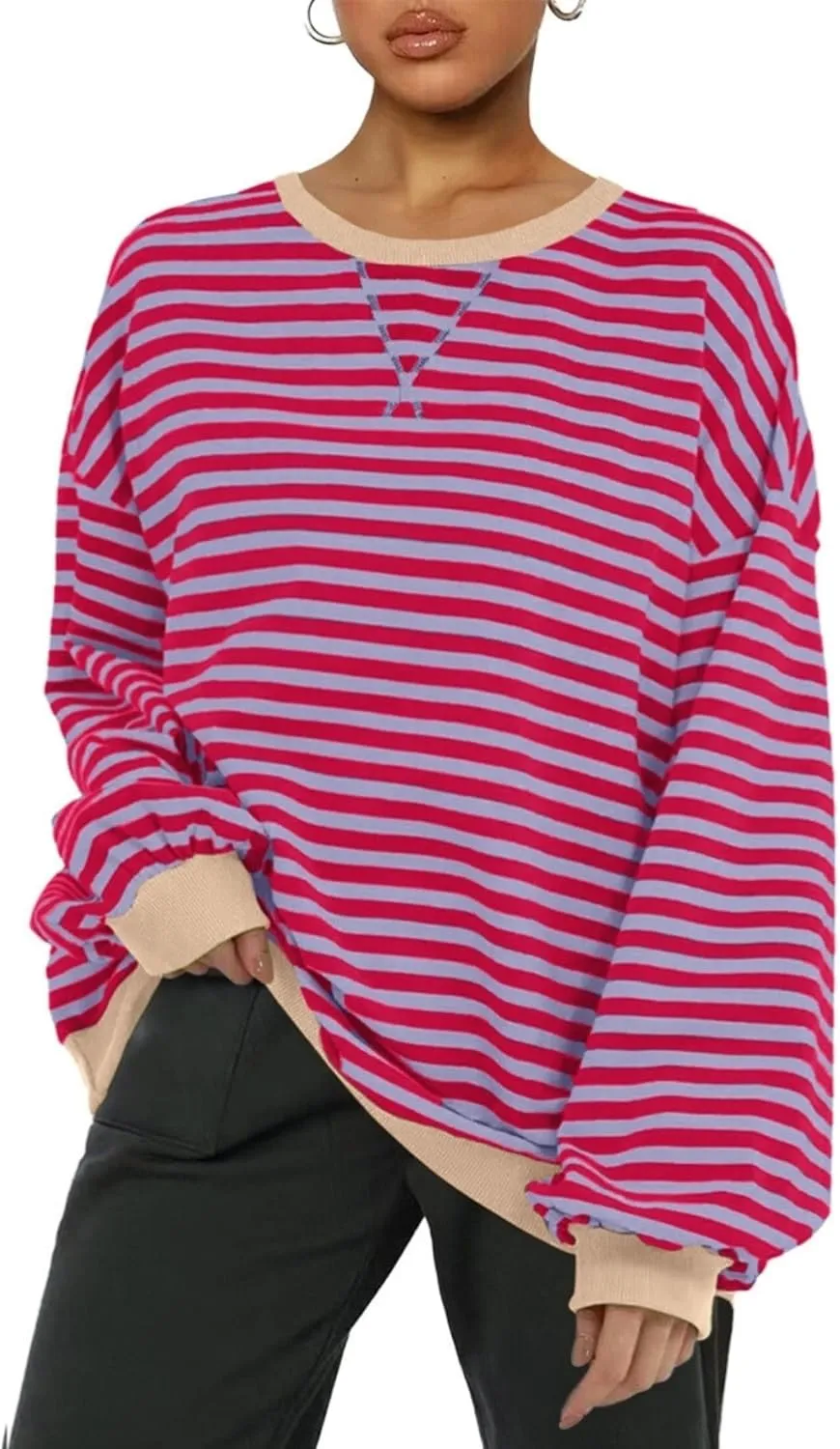 Women Striped Oversized Sweatshirt Color Block Long Sleeve Shirt Crew Neck Casual Loose Pullover Y2K Top