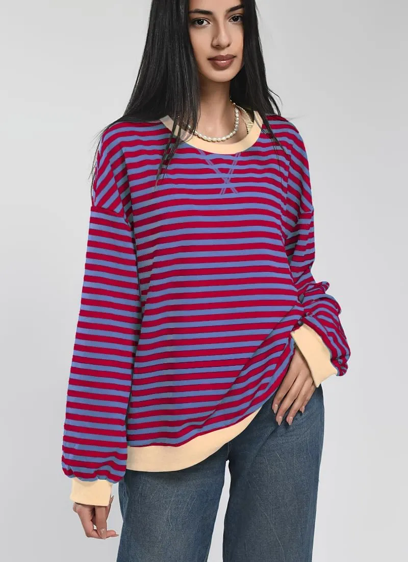 Women Striped Oversized Sweatshirt Color Block Long Sleeve Shirt Crew Neck Casual Loose Pullover Y2K Top