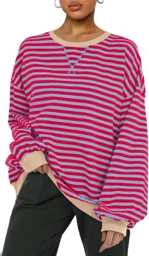 Women Striped Oversized Sweatshirt Color Block Long Sleeve Shirt Crew Neck Casual Loose Pullover Y2K Top
