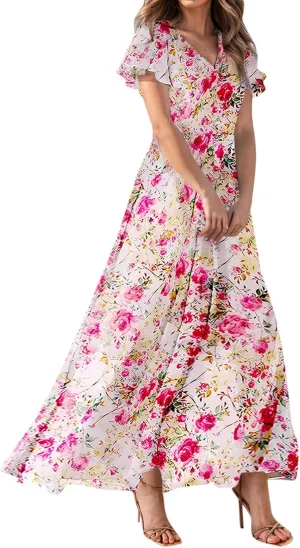Women Summer Bohemian Floral Casual Wrap V Neck Ruffle Cap Sleeveless Belt A-Line Pleated Hem Long Sundress
