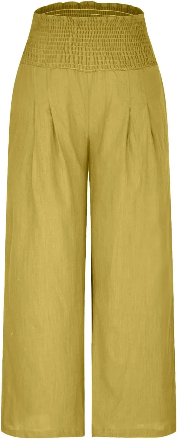 Women Summer Smocked Cotton Linen Palazzo Pants High Waisted Wide Leg Lounge Pant Boho Trousers Joggers with Pockets