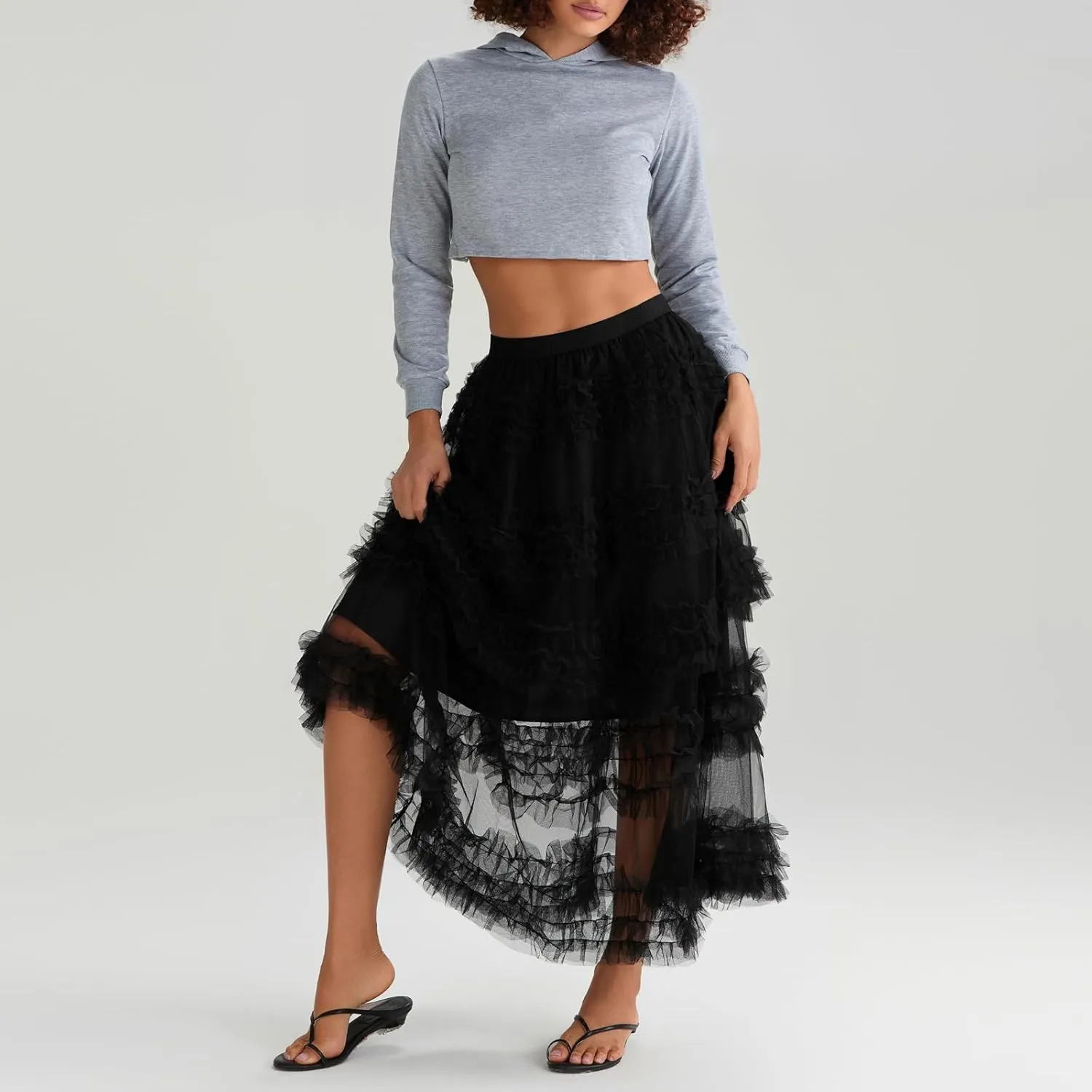Women Tulle Long Skirt Tiered Layered Sheer Mesh Tutu Skirt Elastic Waist A-Line Flowy Maxi Skirt for Wedding Party