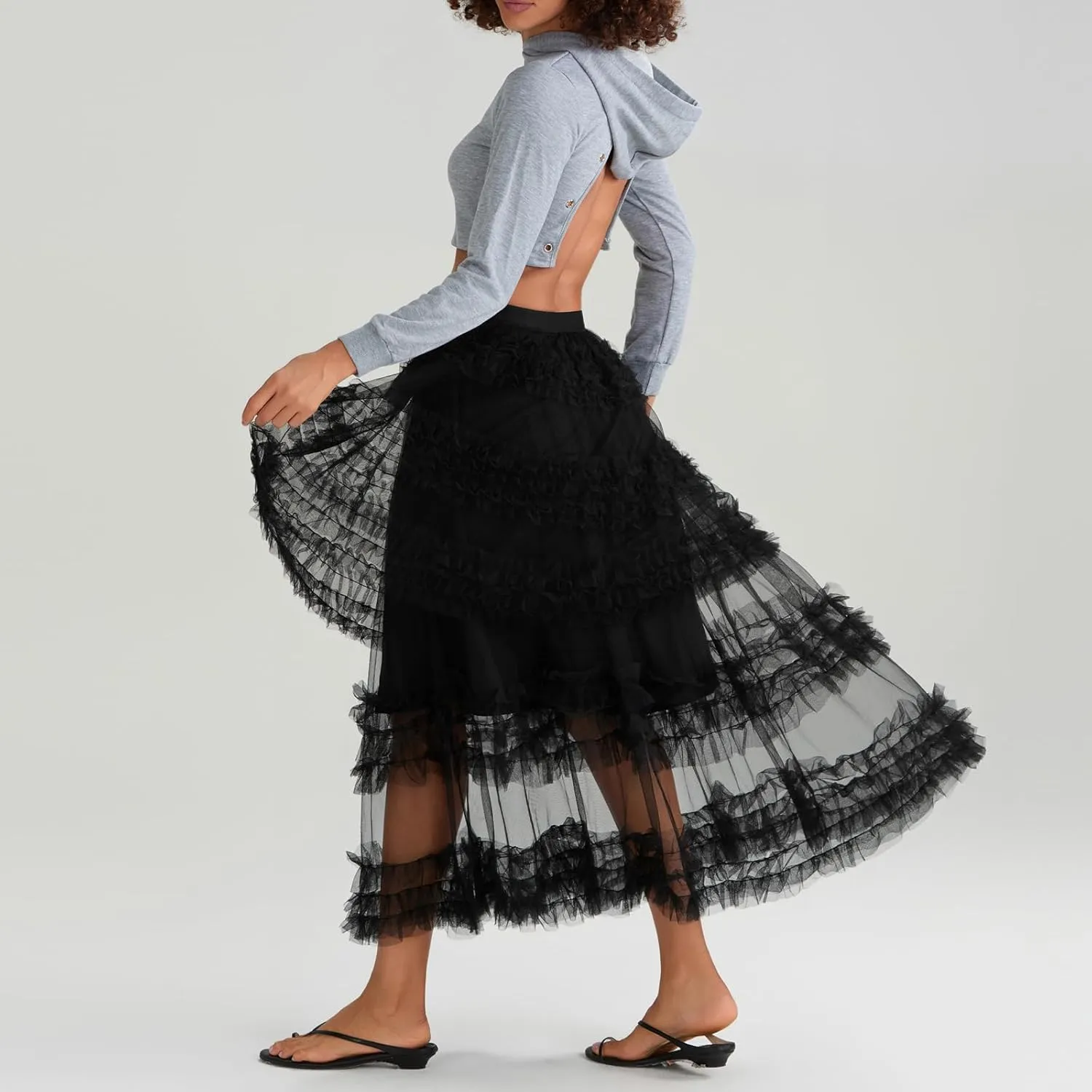 Women Tulle Long Skirt Tiered Layered Sheer Mesh Tutu Skirt Elastic Waist A-Line Flowy Maxi Skirt for Wedding Party