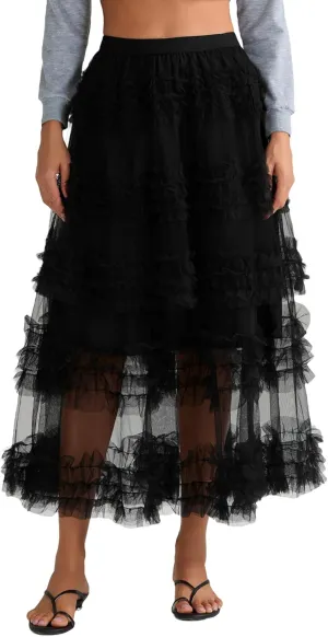 Women Tulle Long Skirt Tiered Layered Sheer Mesh Tutu Skirt Elastic Waist A-Line Flowy Maxi Skirt for Wedding Party