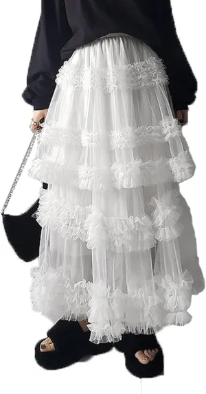 Women Tulle Long Skirt Tiered Layered Sheer Mesh Tutu Skirt Elastic Waist A-Line Flowy Maxi Skirt for Wedding Party