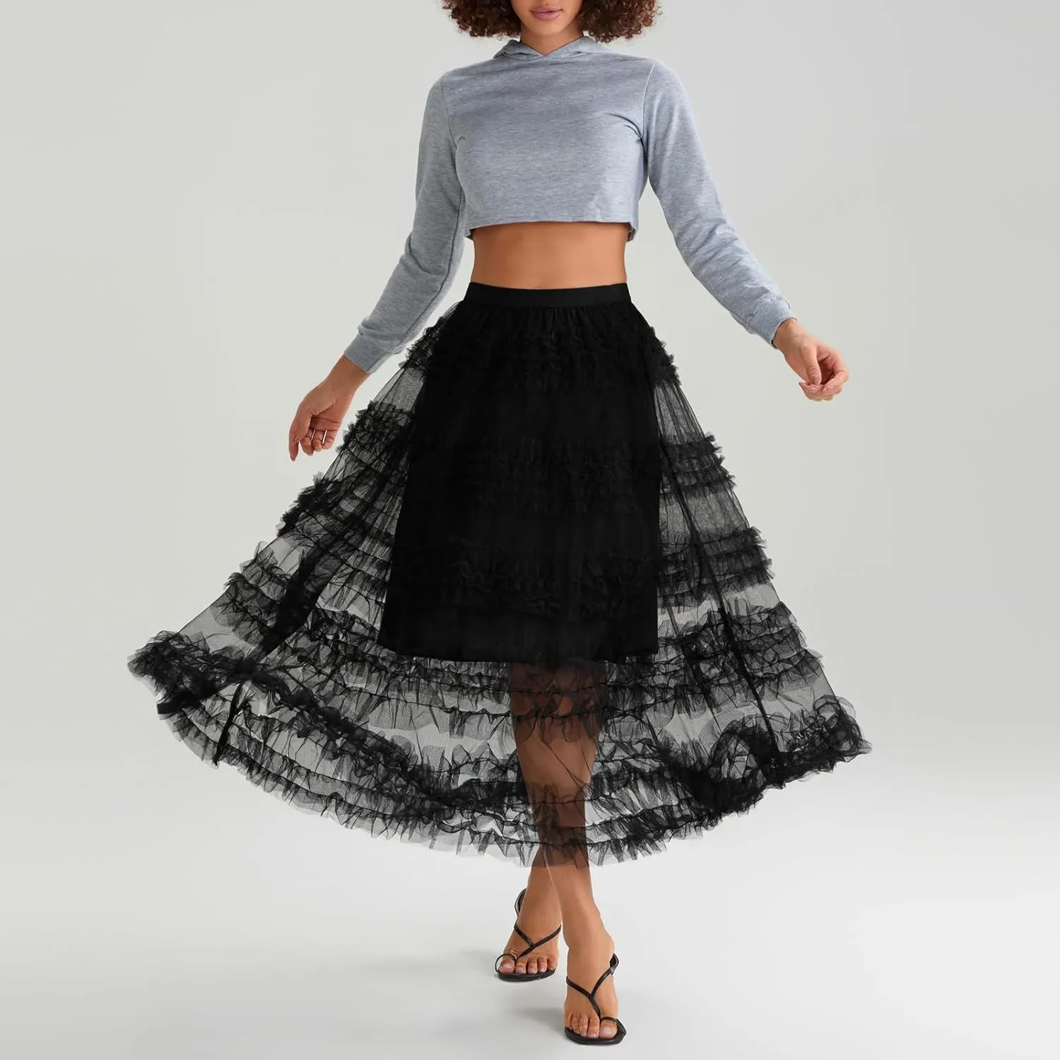Women Tulle Long Skirt Tiered Layered Sheer Mesh Tutu Skirt Elastic Waist A-Line Flowy Maxi Skirt for Wedding Party