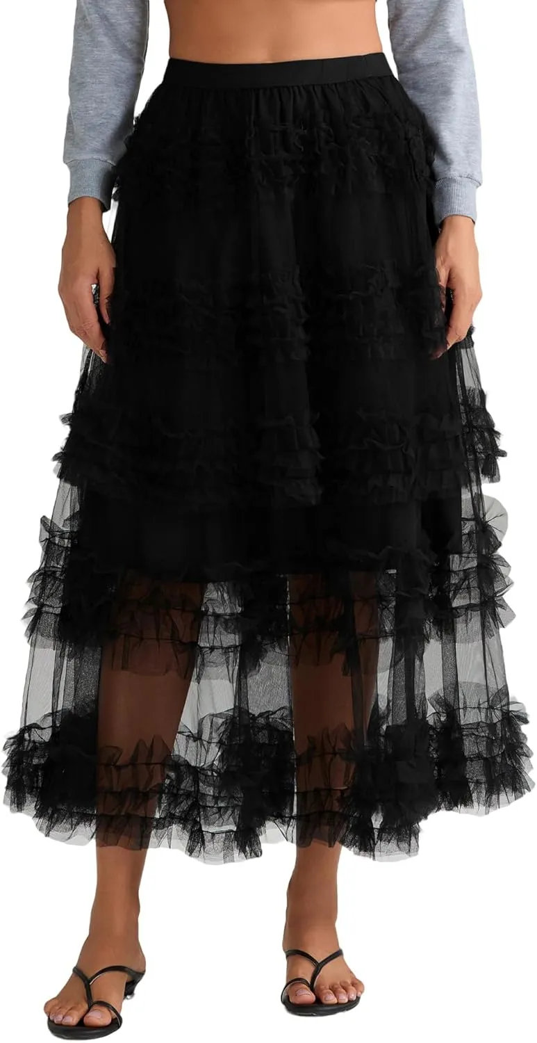 Women Tulle Long Skirt Tiered Layered Sheer Mesh Tutu Skirt Elastic Waist A-Line Flowy Maxi Skirt for Wedding Party
