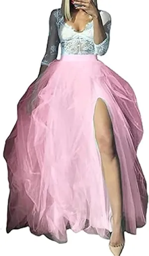 Women Tulle Long Skirt Tiered Layered Sheer Mesh Tutu Skirt Elastic Waist A-Line Flowy Maxi Skirt for Wedding Party
