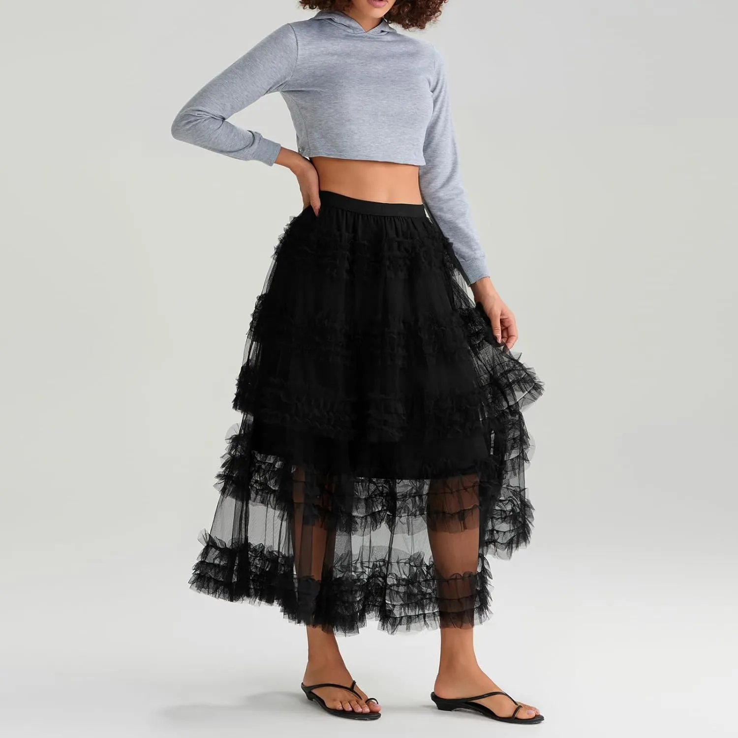Women Tulle Long Skirt Tiered Layered Sheer Mesh Tutu Skirt Elastic Waist A-Line Flowy Maxi Skirt for Wedding Party