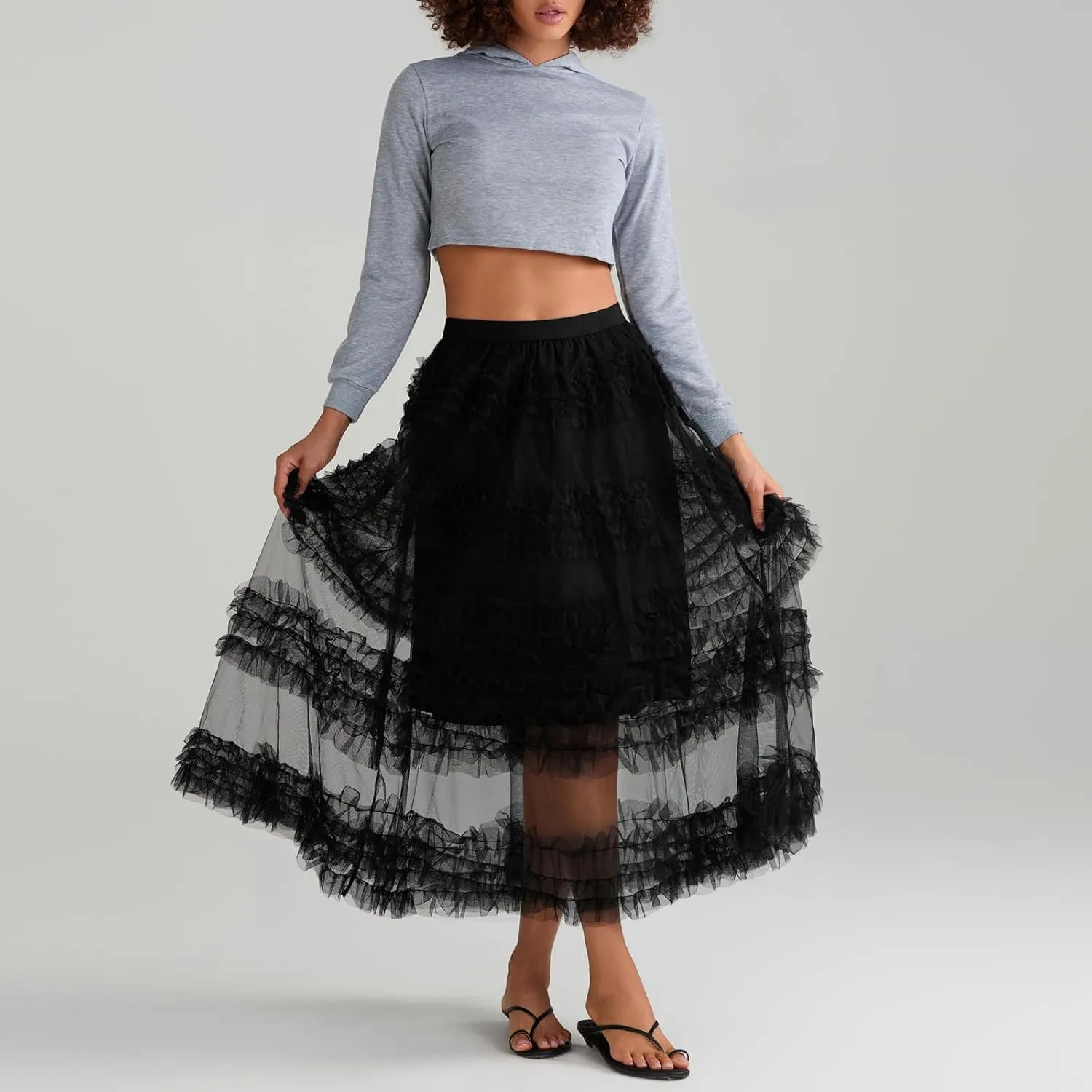 Women Tulle Long Skirt Tiered Layered Sheer Mesh Tutu Skirt Elastic Waist A-Line Flowy Maxi Skirt for Wedding Party