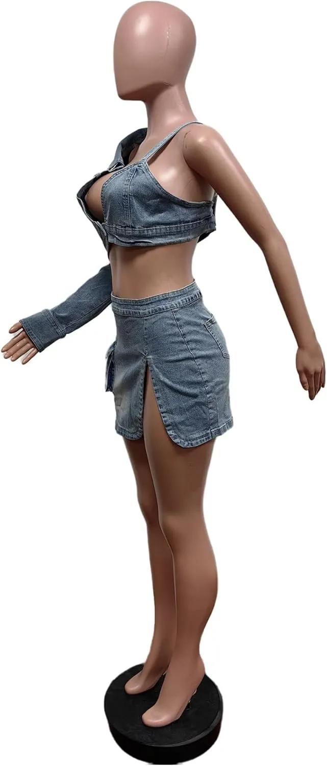 Women's 2 Piece Denim Skirt Set One Shoulder Crop Tops Sexy Club Mini Jean Jacket Outfit