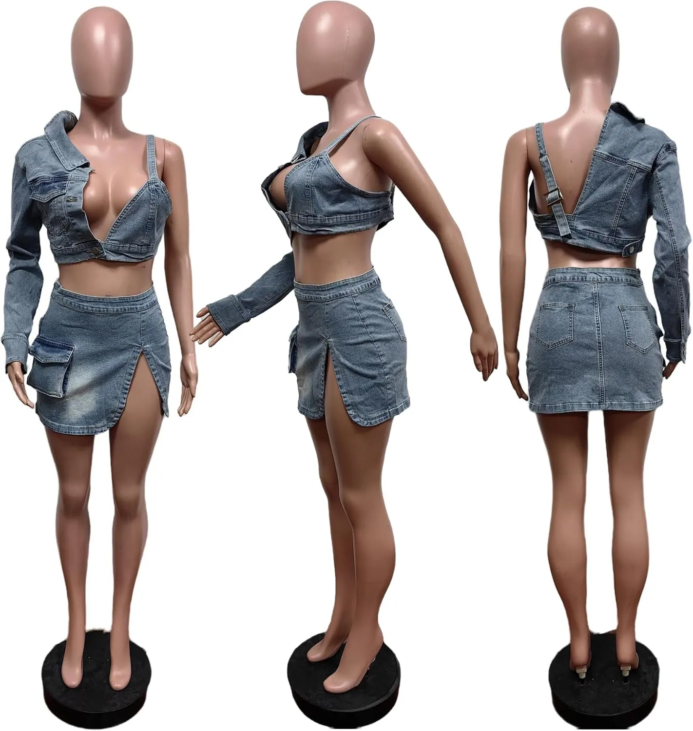 Women's 2 Piece Denim Skirt Set One Shoulder Crop Tops Sexy Club Mini Jean Jacket Outfit