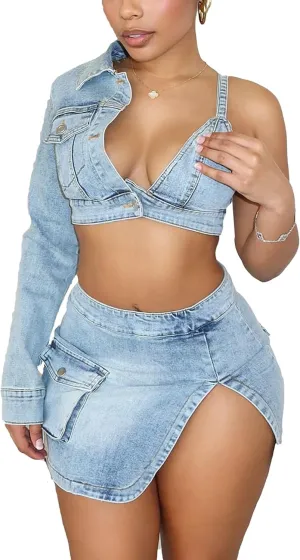 Women's 2 Piece Denim Skirt Set One Shoulder Crop Tops Sexy Club Mini Jean Jacket Outfit