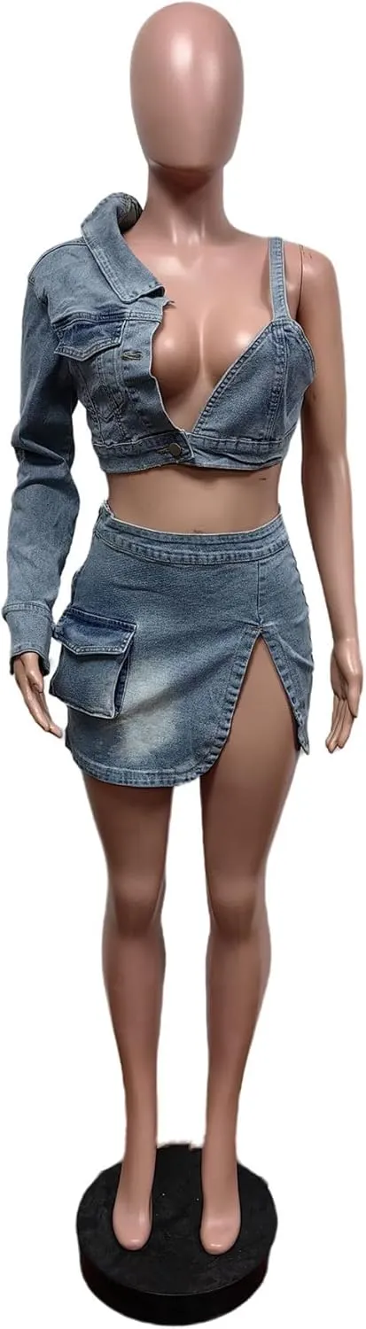 Women's 2 Piece Denim Skirt Set One Shoulder Crop Tops Sexy Club Mini Jean Jacket Outfit