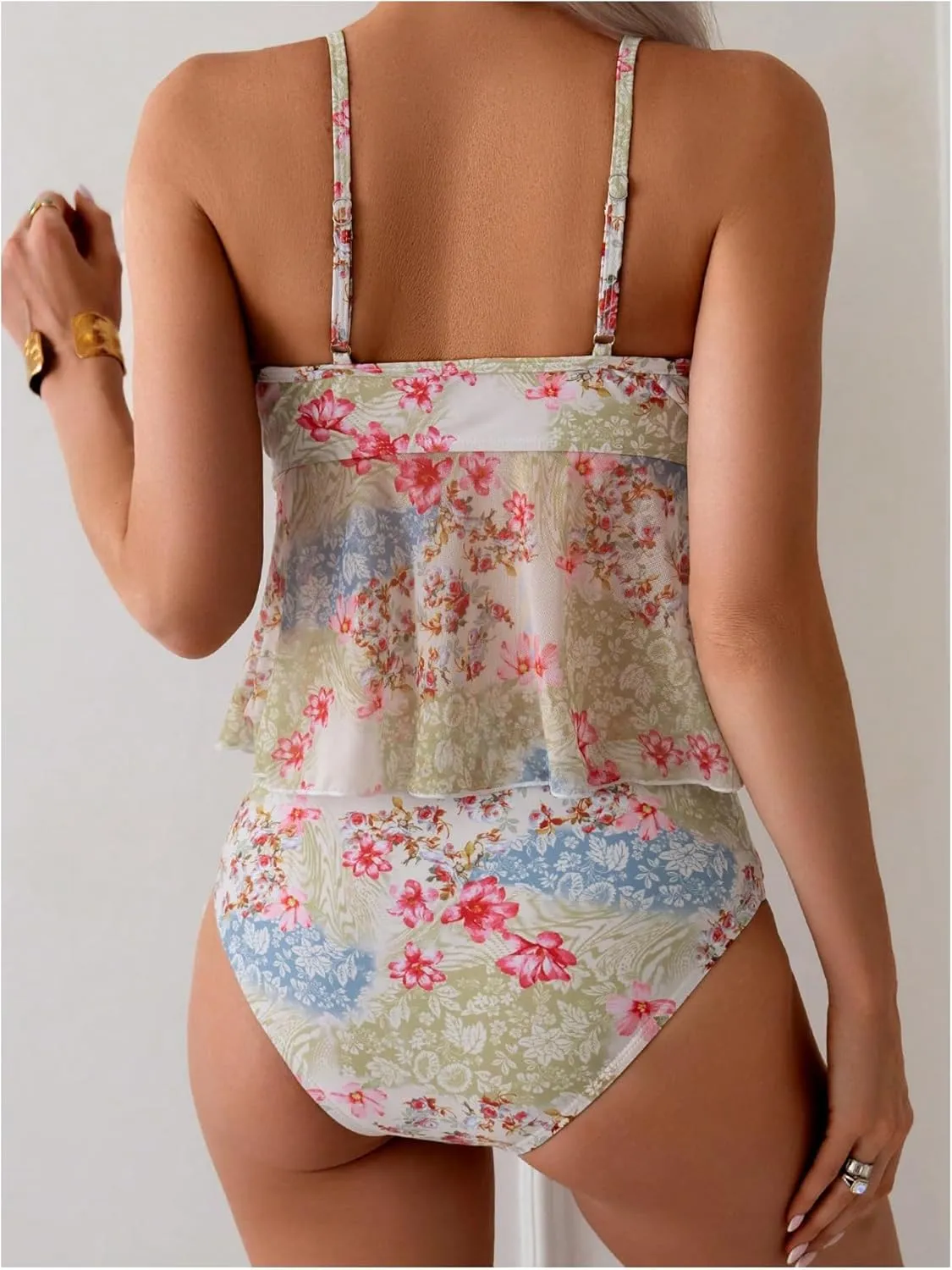 Women's 2 Piece Floral Swimsuit Tankini Sets V Neck Camisole Tops Bikini Bottoms Boho Bathing Suit