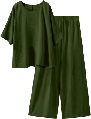 Women's 2 Piece Lounge Set Short Sleeve Tops and Wide Leg Long Pants Vacation Tracksuits Loungewear