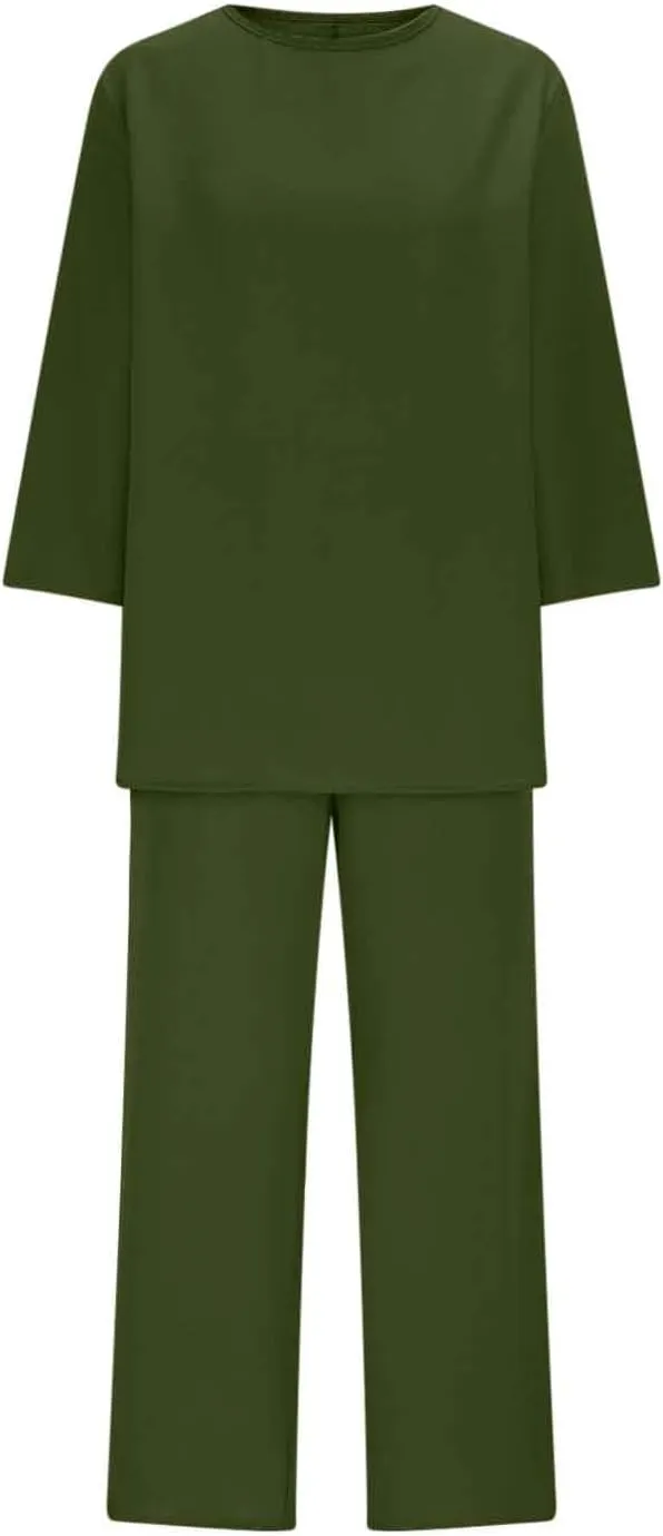 Women's 2 Piece Lounge Set Short Sleeve Tops and Wide Leg Long Pants Vacation Tracksuits Loungewear