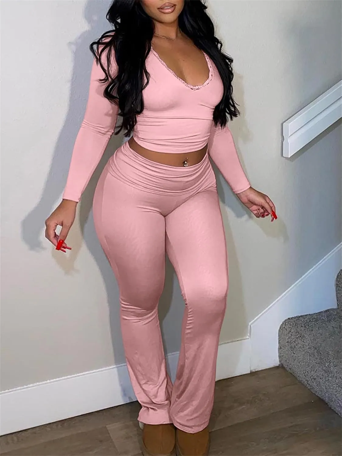 Women's 2 Piece Lounge Sets Fold Over Flare Yoga Pants Set Long Sleeve Cropped Top Casual Y2K Outfits Pajamas