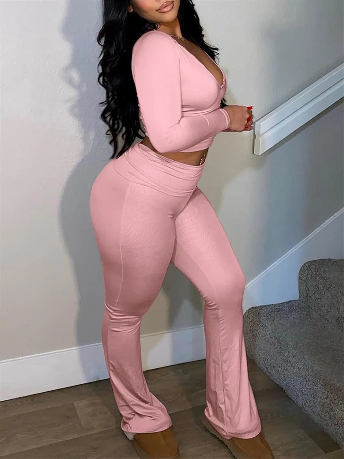 Women's 2 Piece Lounge Sets Fold Over Flare Yoga Pants Set Long Sleeve Cropped Top Casual Y2K Outfits Pajamas