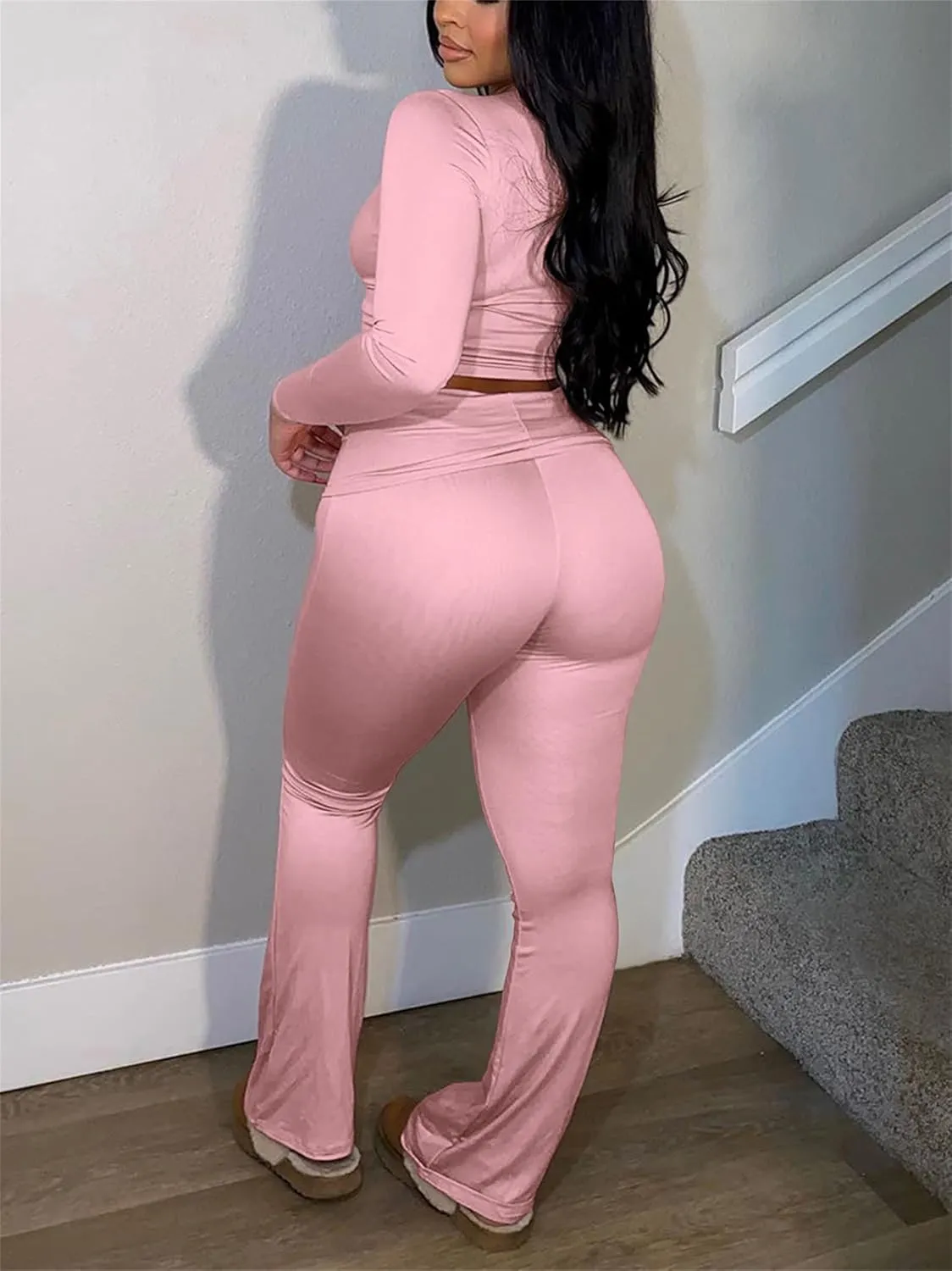 Women's 2 Piece Lounge Sets Fold Over Flare Yoga Pants Set Long Sleeve Cropped Top Casual Y2K Outfits Pajamas
